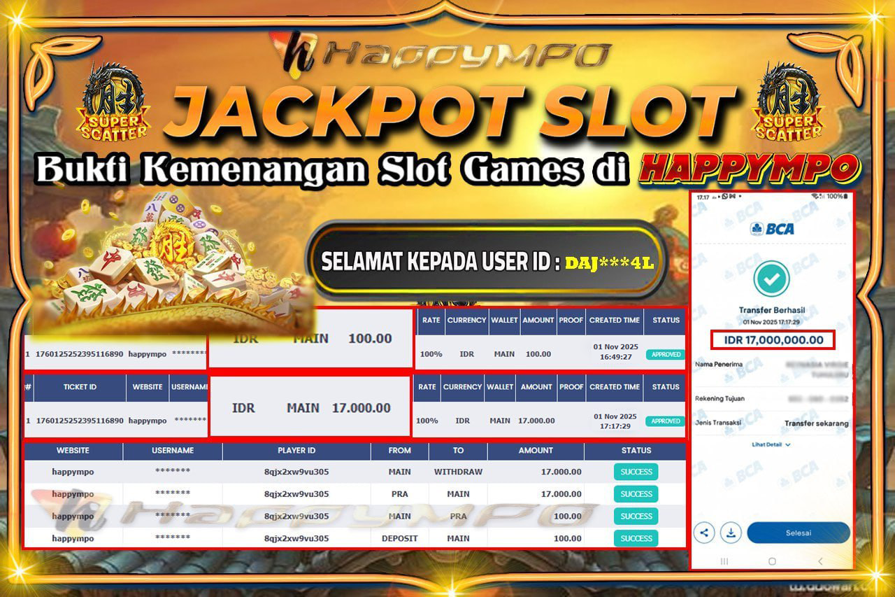 HAPPYMPO JACKPOT SLOT MAHJONG SUPER SCATER Rp.17.000.000,- LUNAS